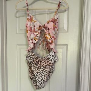 Buckle Floral and Leopard Print Swimsuit